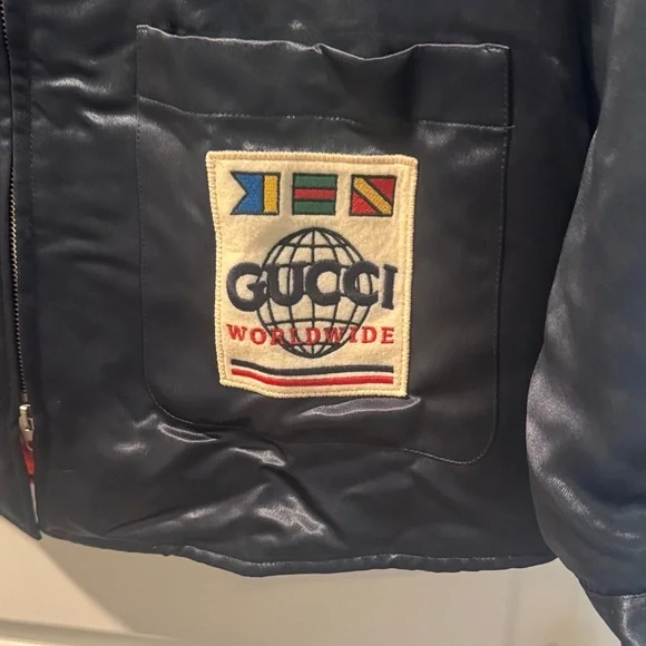 Gucci Dark Blue Satin Jacket with Light Gray Hood